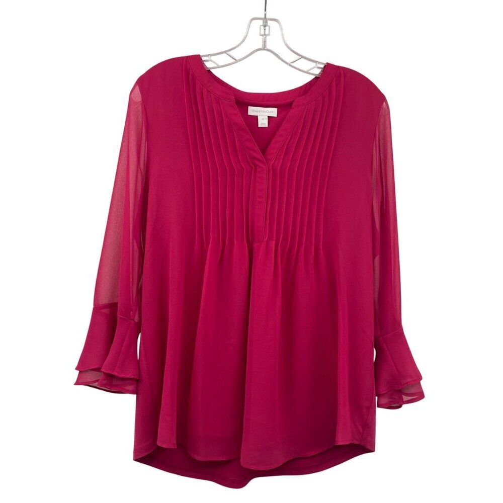 Charter Club Pleated Blouse 3/4 Sheer Sleeve Ruffle Pink Size Small New
